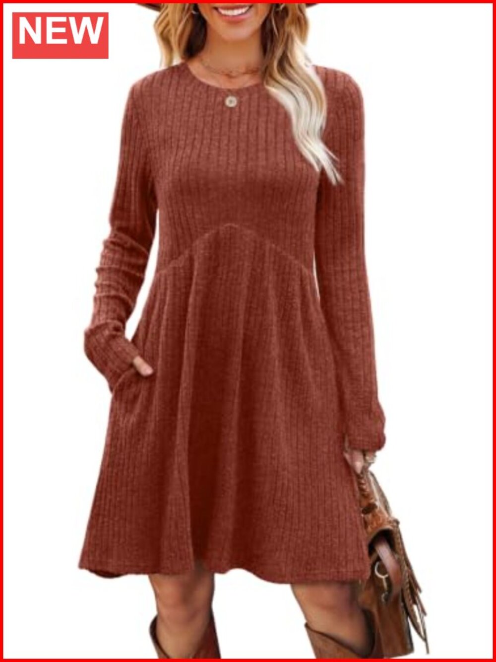 Long Sleeve Crew Neck Empire Waist Tunic Dress with Pockets - Picture 2 of 6